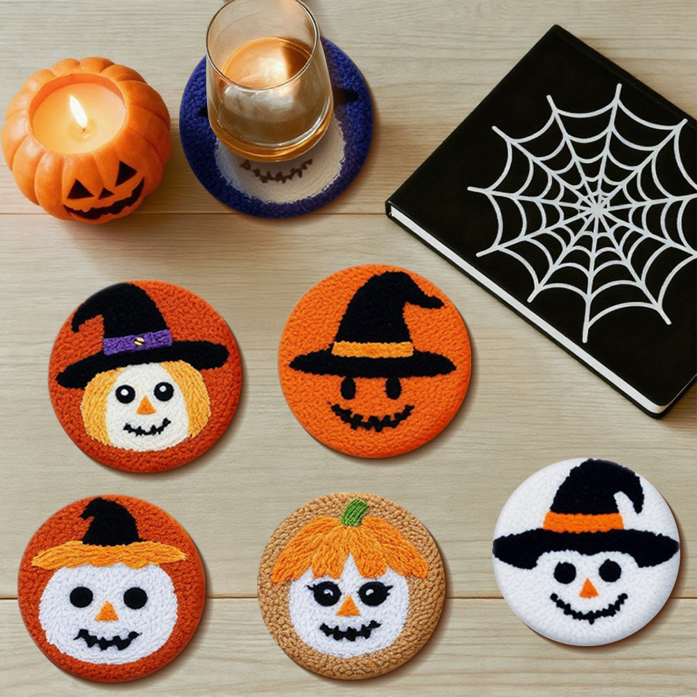 Halloween Witch & Pumpkin Punch Needle Coasters Kits 6 Pack