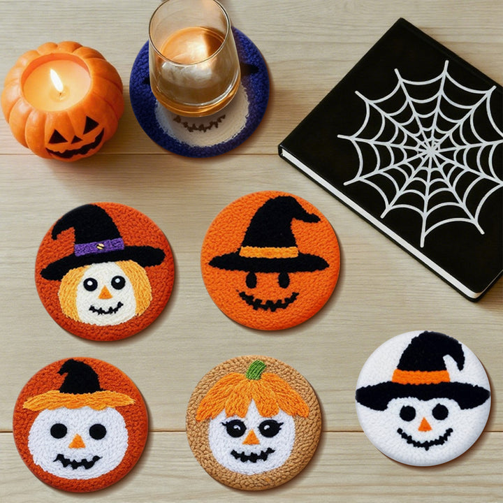 Halloween Witch & Pumpkin Punch Needle Coasters Kits 6 Pack
