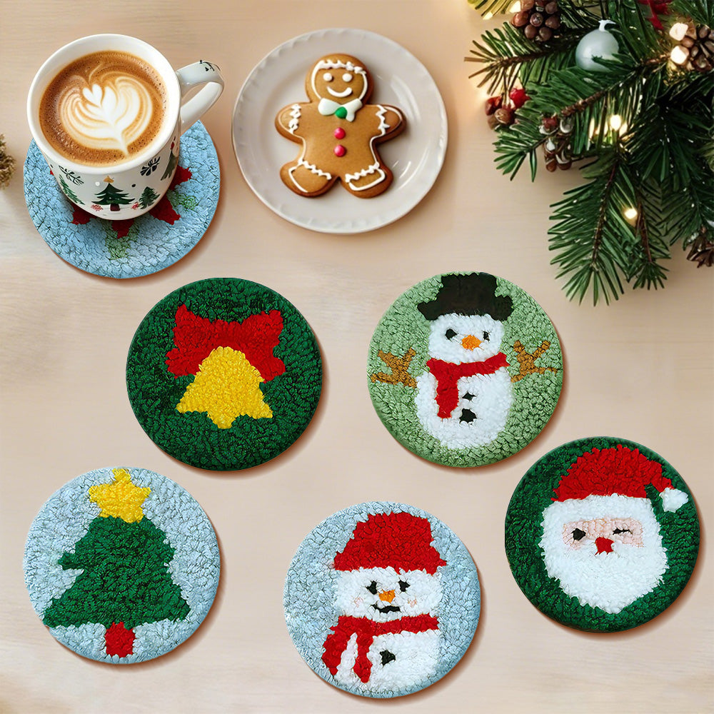Christmas Snowman Decorations Punch Needle Coasters Kits 6 Pack