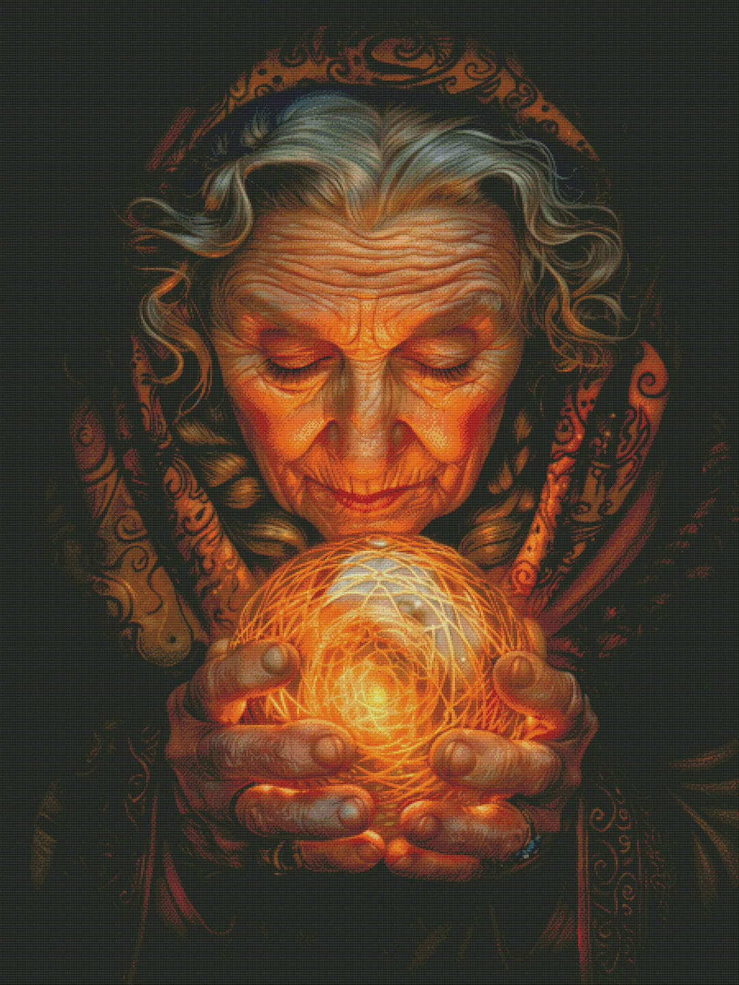 Old Woman Holding a Magic Ball Cross Stitch Kits