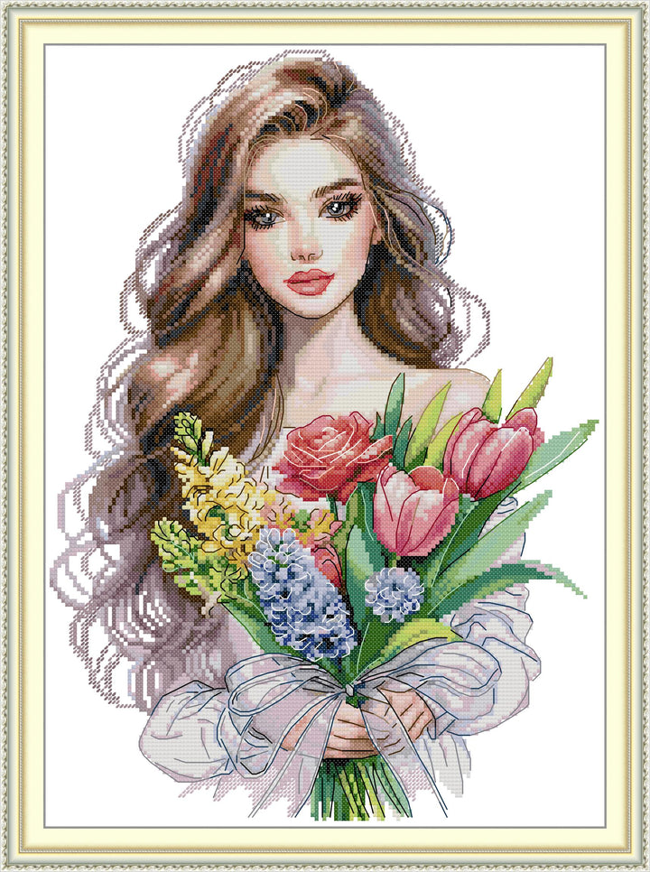 Pretty Girl with Flowers Cross Stitch Kits