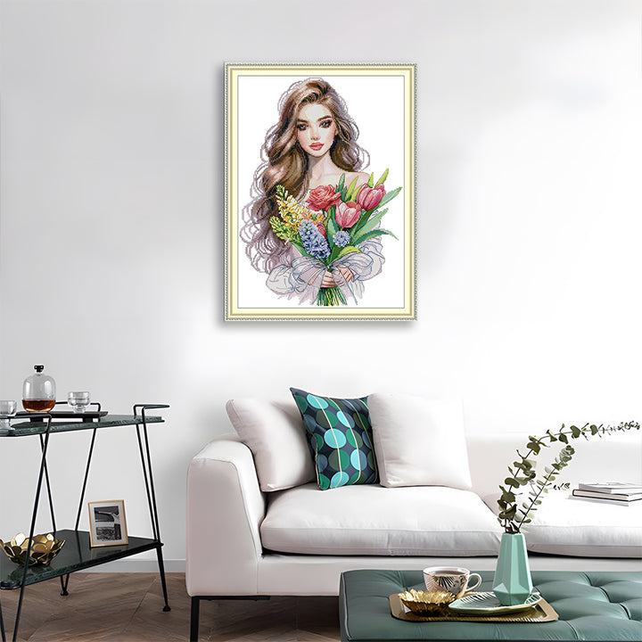 Pretty Girl with Flowers Cross Stitch Kits