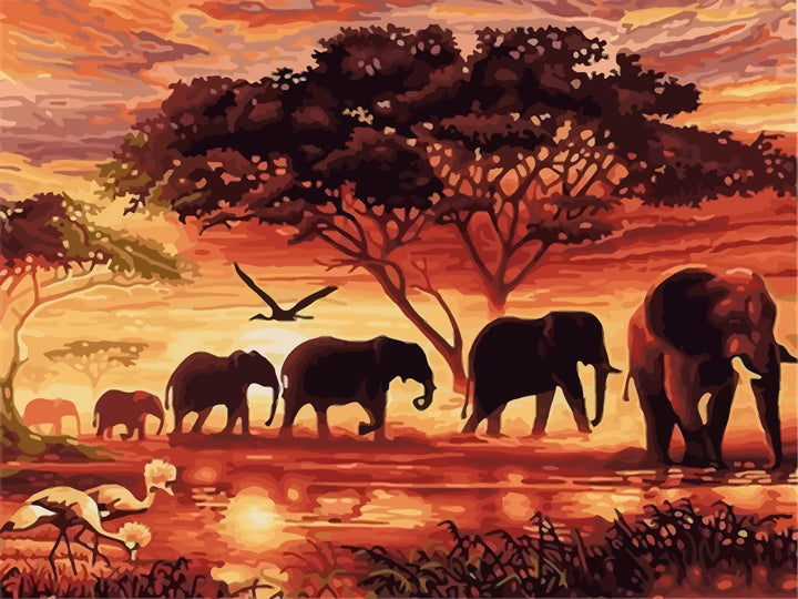Elephants Migrating at Sunset Cross Stitch Kits