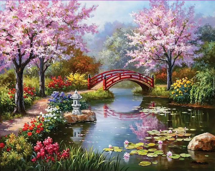 Red Bridge in The Garden Cross Stitch Kits