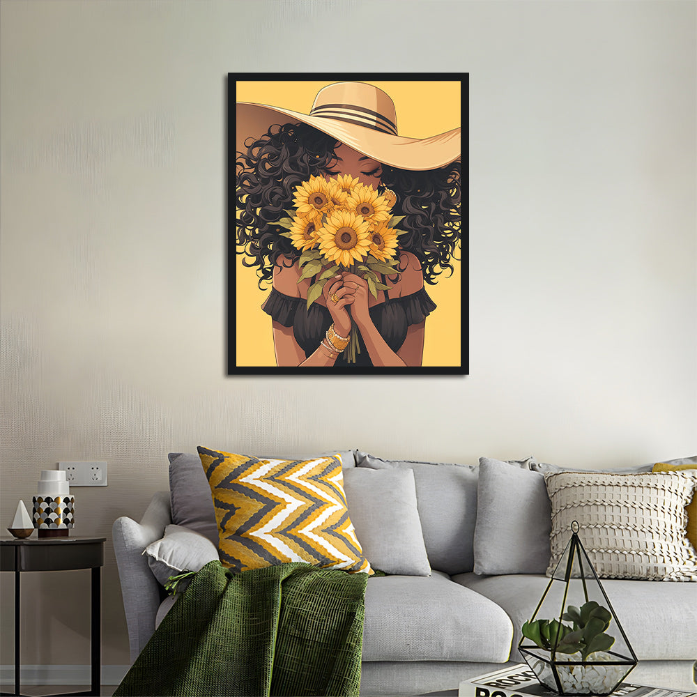 Girl Holding a Bouquet of Sunflowers Cross Stitch Kits