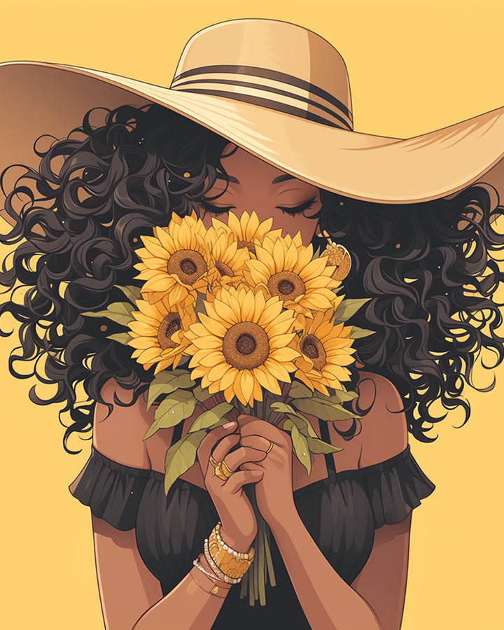 Girl Holding a Bouquet of Sunflowers Cross Stitch Kits