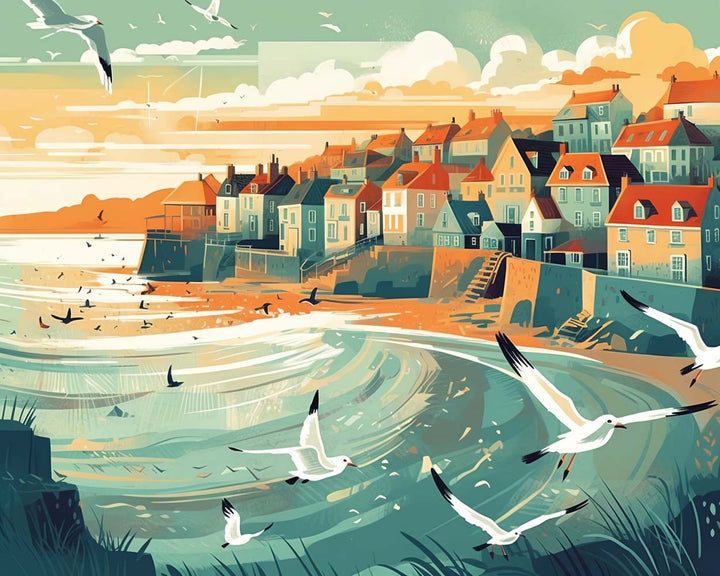 Seagulls Flying over the Coastal City Cross Stitch Kits