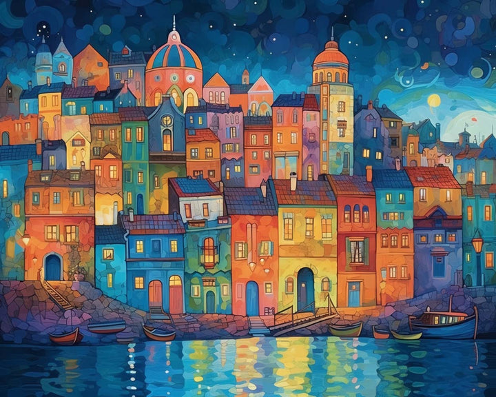 Colorful Town at Night City Cross Stitch Kits