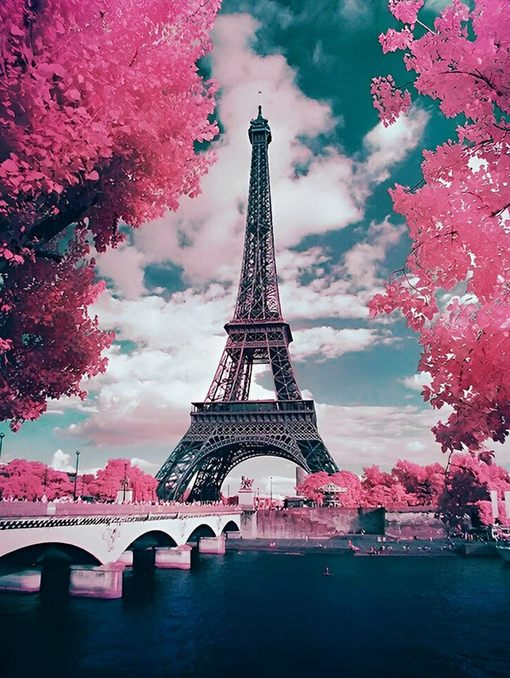 Eiffel Tower Surrounded by pink trees Cross Stitch Kits