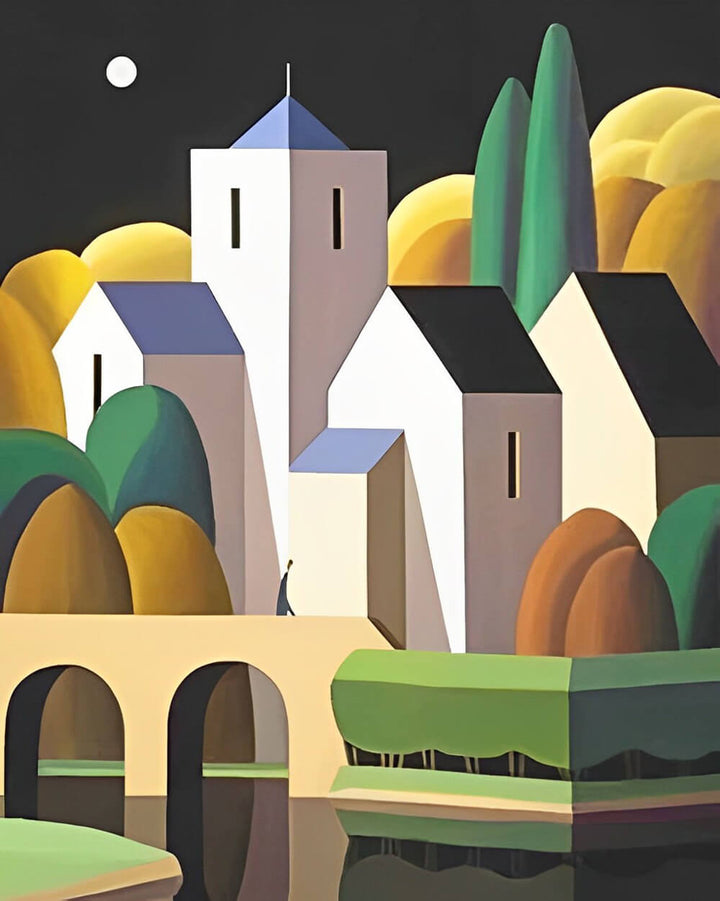 Moonlit Bridge Reflects White Buildings Cross Stitch Kits