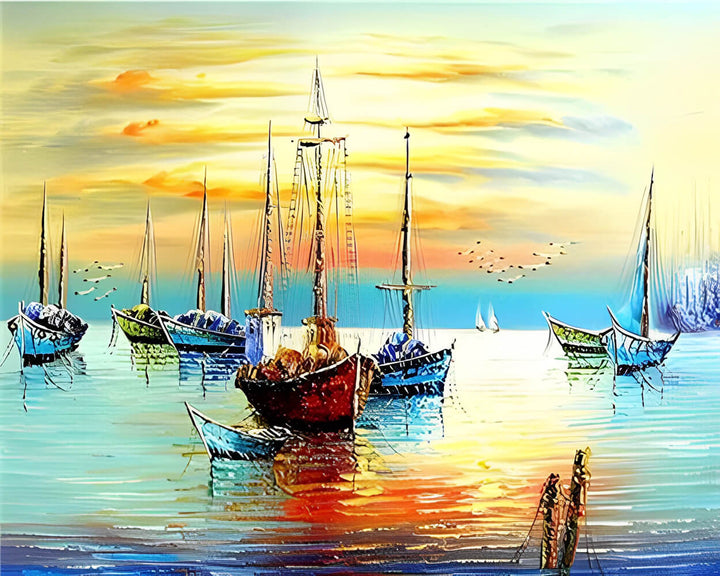 Bright Boats Reflect Golden Sky Cross Stitch Kits