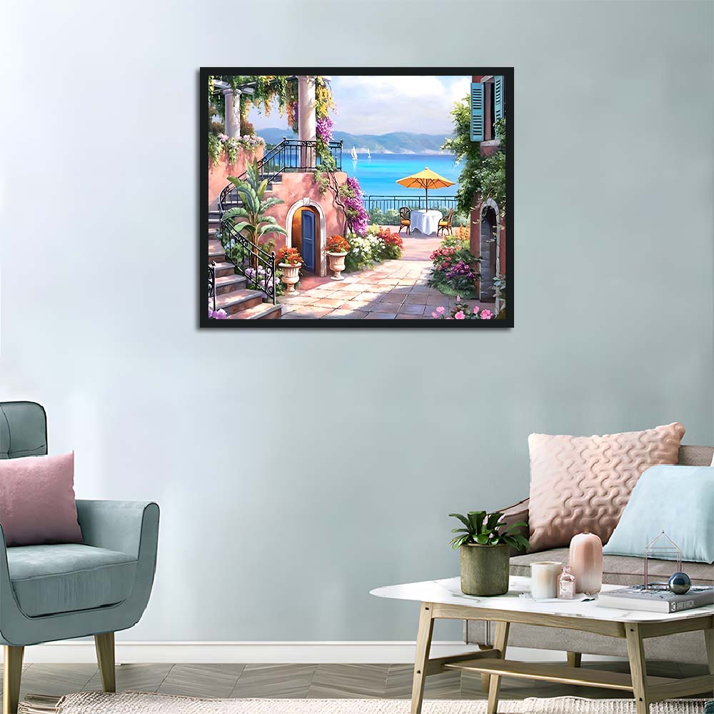 Pink Terrace Overlooks Blue Sea Cross Stitch Kits
