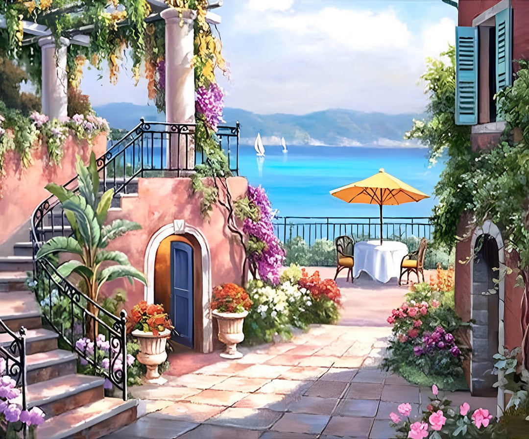 Pink Terrace Overlooks Blue Sea Cross Stitch Kits