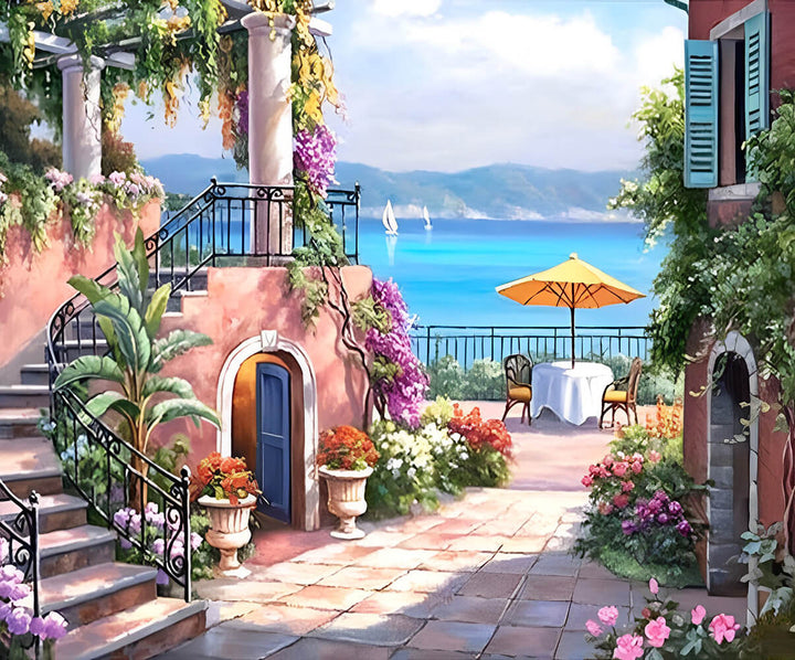 Pink Terrace Overlooks Blue Sea Cross Stitch Kits