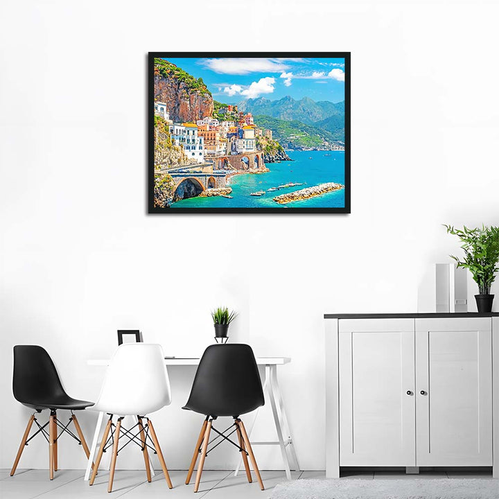 Colorful Cliffside Houses Overlook Blue Sea Cross Stitch Kits