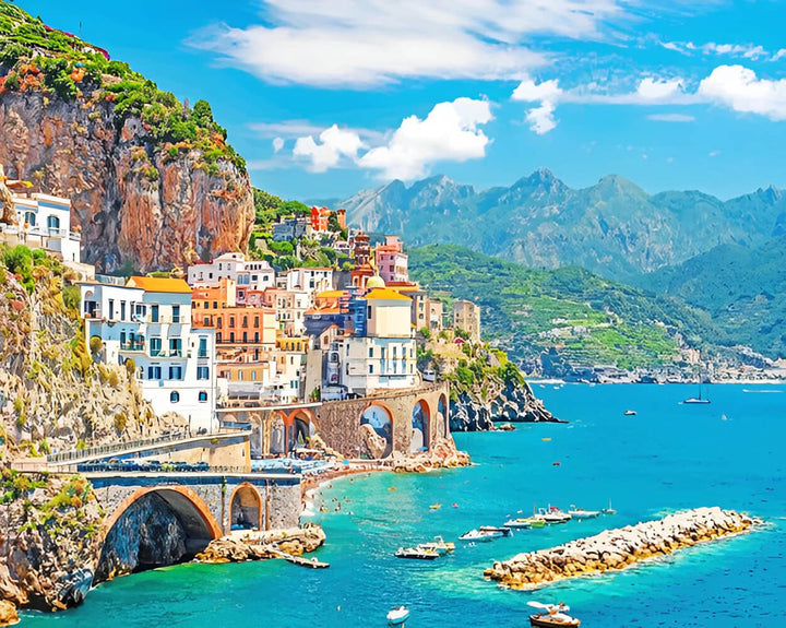 Colorful Cliffside Houses Overlook Blue Sea Cross Stitch Kits