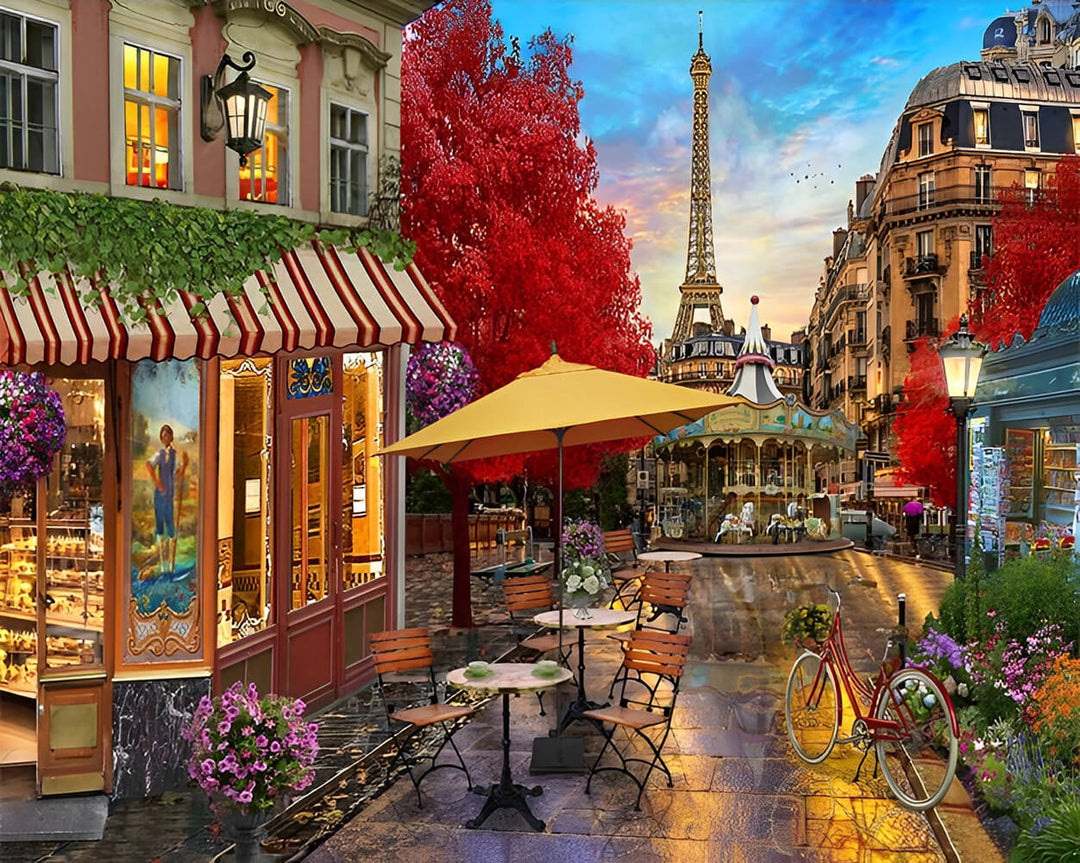 Paris Cafe Glows near Eiffel Tower Cross Stitch Kits