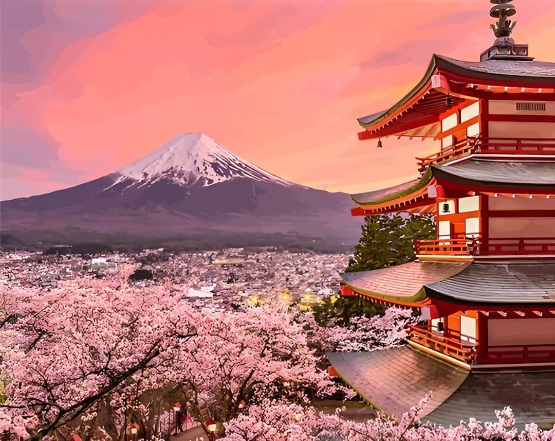 Mount Fuji Rises behind Pagoda Cross Stitch Kits