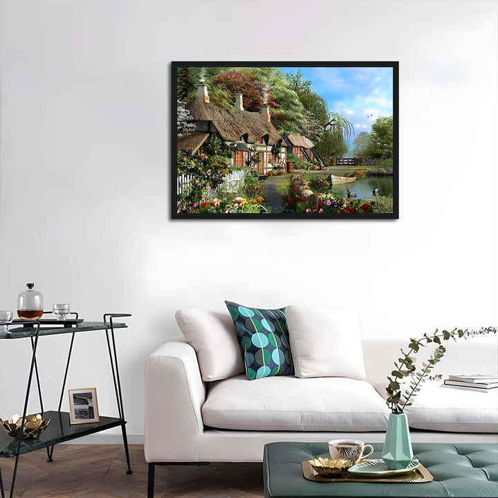 Thatched Cottage Sits beside Pond Cross Stitch Kits