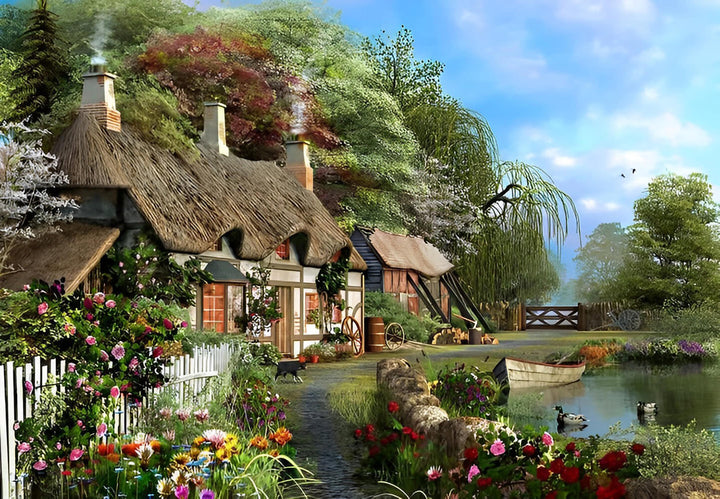 Thatched Cottage Sits beside Pond Cross Stitch Kits