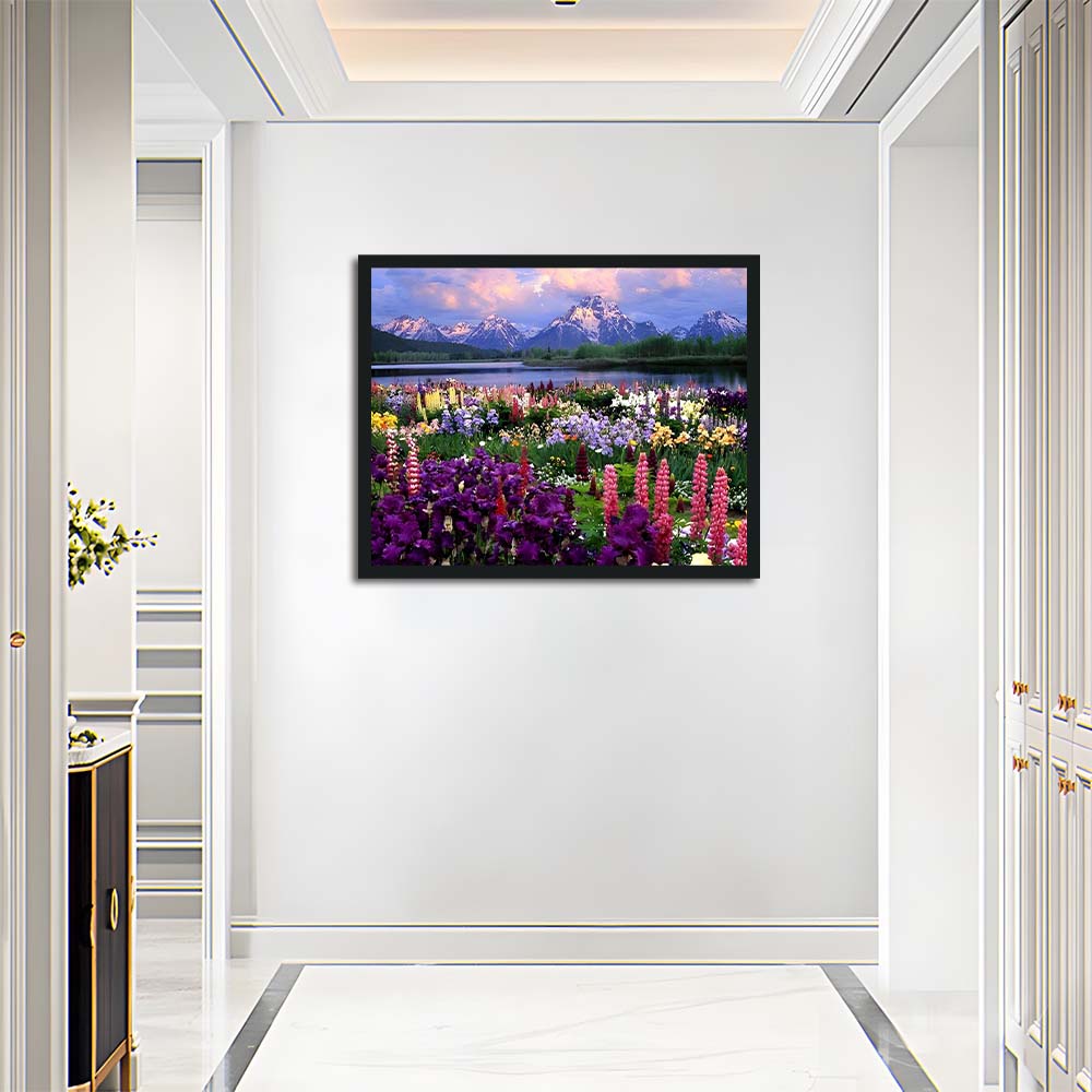 Vibrant Flowers Bloom by Mountain Lake Cross Stitch Kits