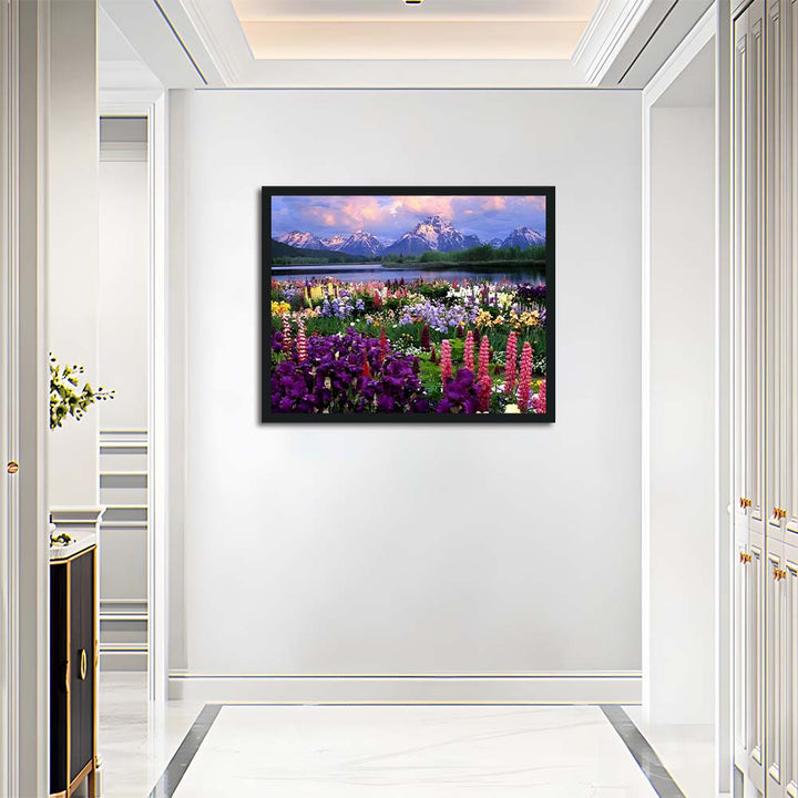 Vibrant Flowers Bloom by Mountain Lake Cross Stitch Kits