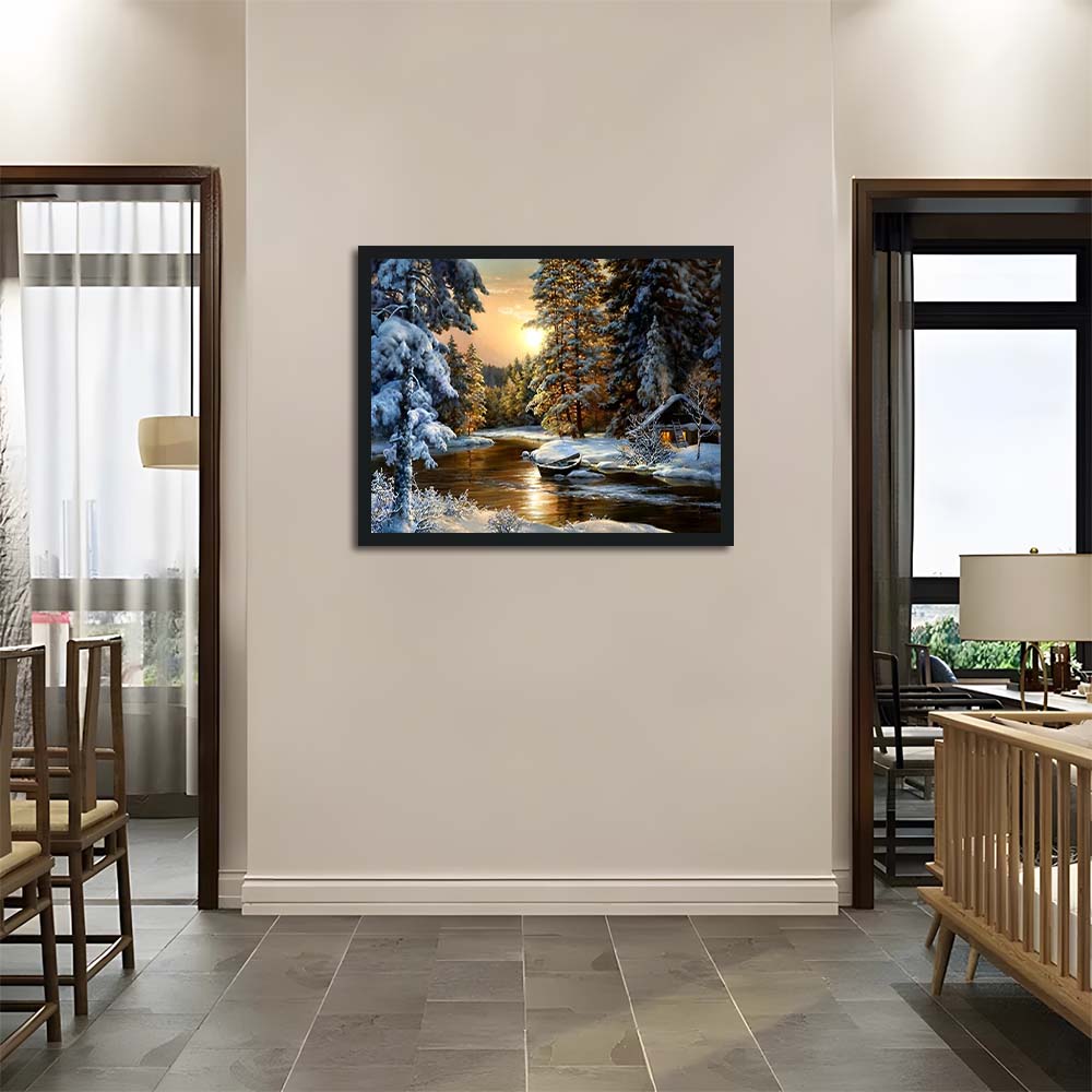 Snowy Trees Surround Quiet Cabin Cross Stitch Kits