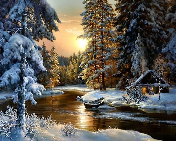 Snowy Trees Surround Quiet Cabin Cross Stitch Kits