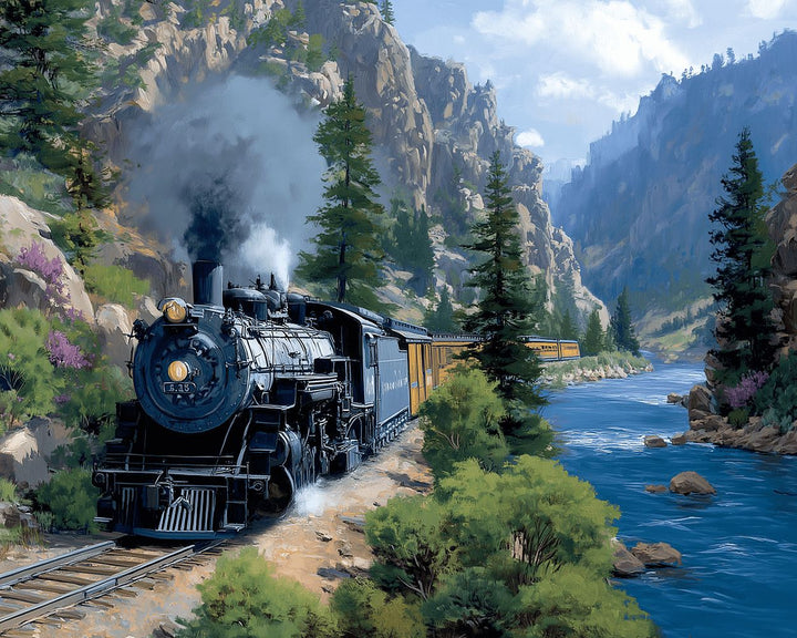 Steam Train Winds along Riverbank Cross Stitch Kits