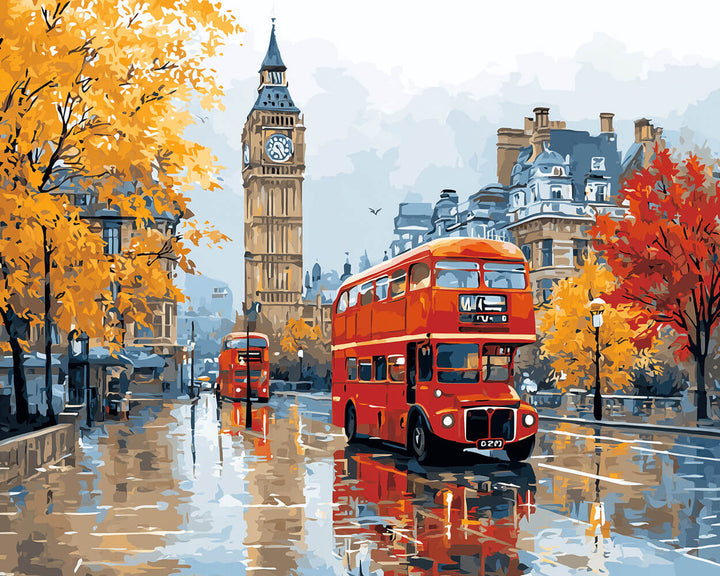 Red Bus Passes Big Ben in Autumn Cross Stitch Kits