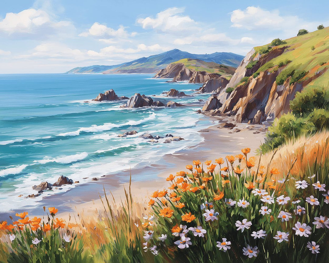 Orange and White Flowers Grow on Coast Cross Stitch Kits