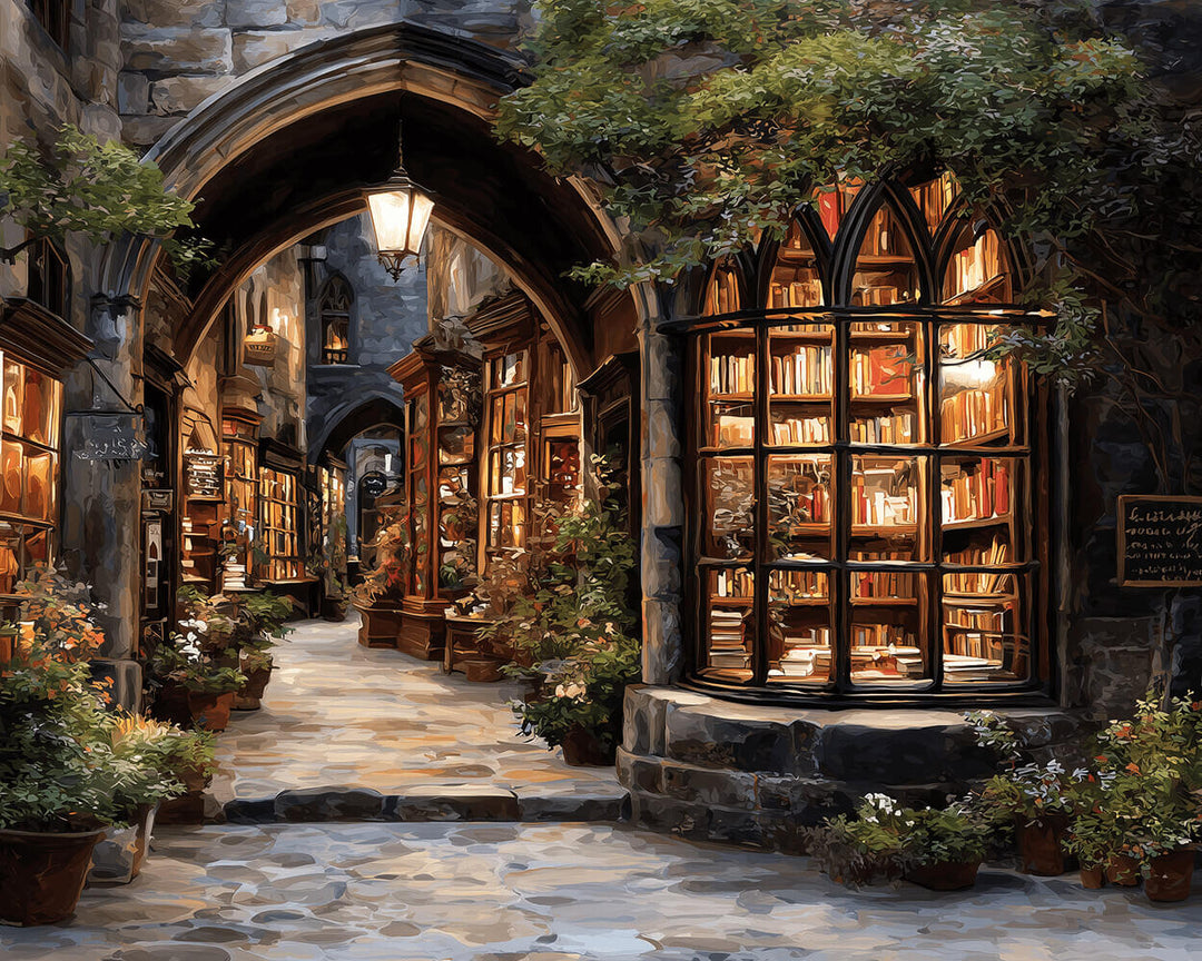 Plants and Books Fill Quiet Alley Cross Stitch Kits