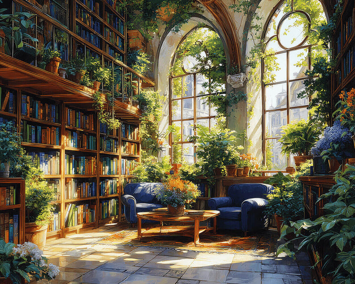 Bookshelves Fill Cozy Sunlit Room Cross Stitch Kits