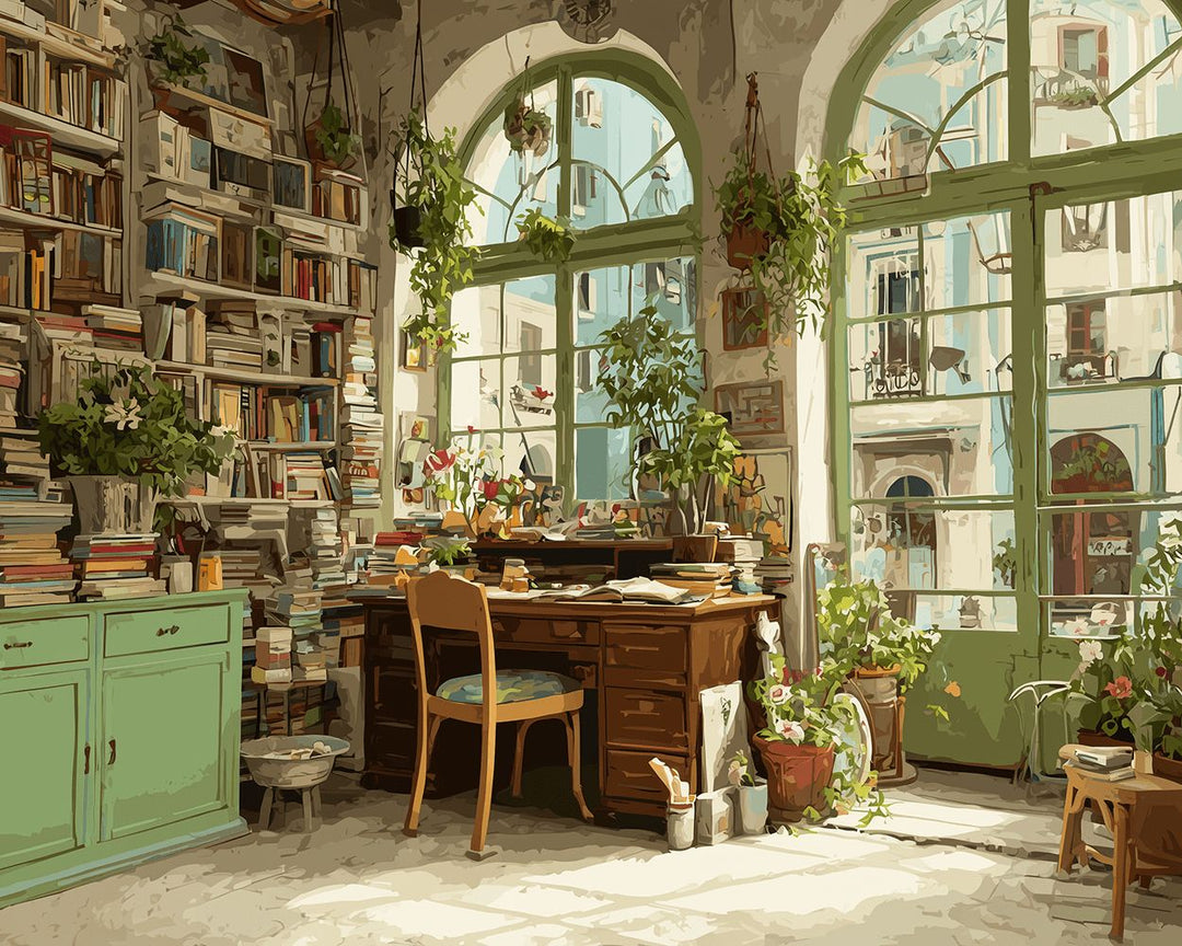 Bookshelves Line Sunny Reading Room Cross Stitch Kits