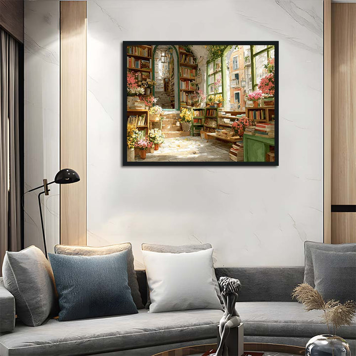 Sunlight Streams into Flower-Filled Library Cross Stitch Kits