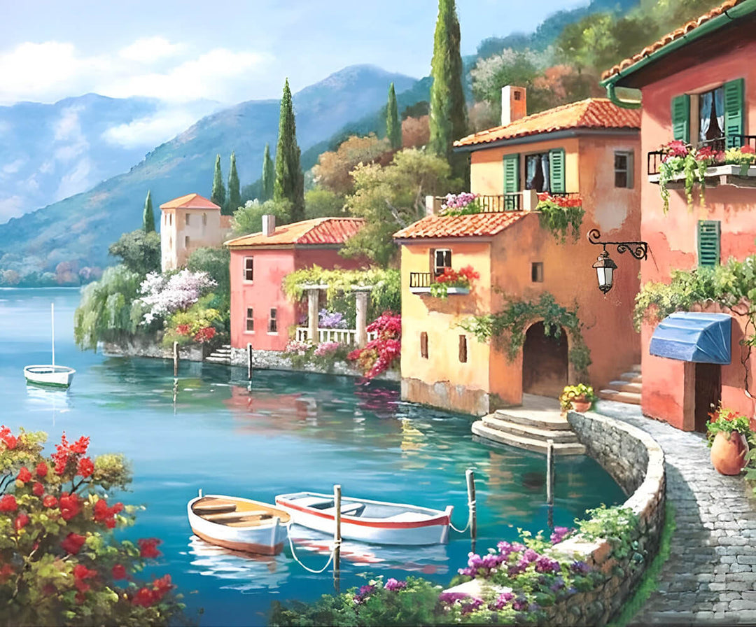 Vibrant Houses and Boats on the Peaceful Sea Cross Stitch Kits