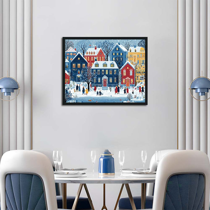 Snow Falls Over Colorful Houses Cross Stitch Kits