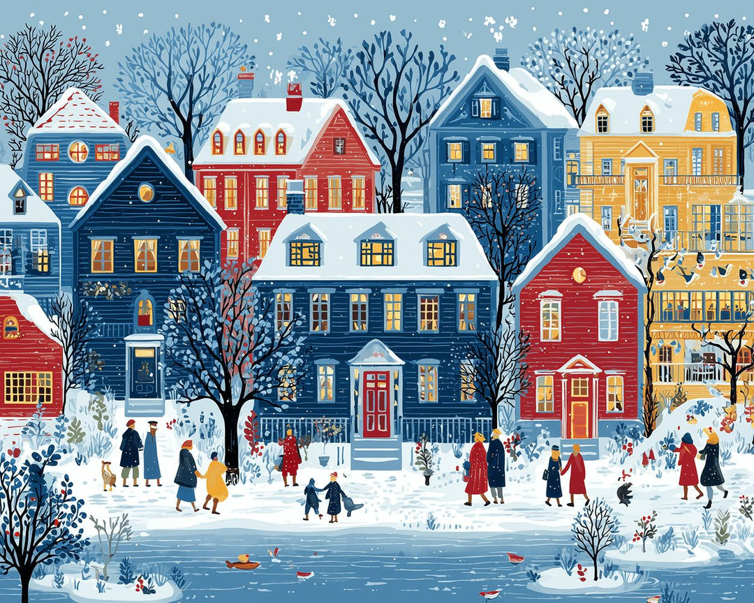 Snow Falls Over Colorful Houses Cross Stitch Kits