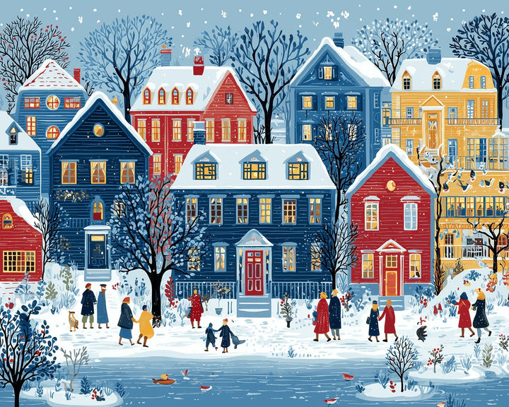 Snow Falls Over Colorful Houses Cross Stitch Kits