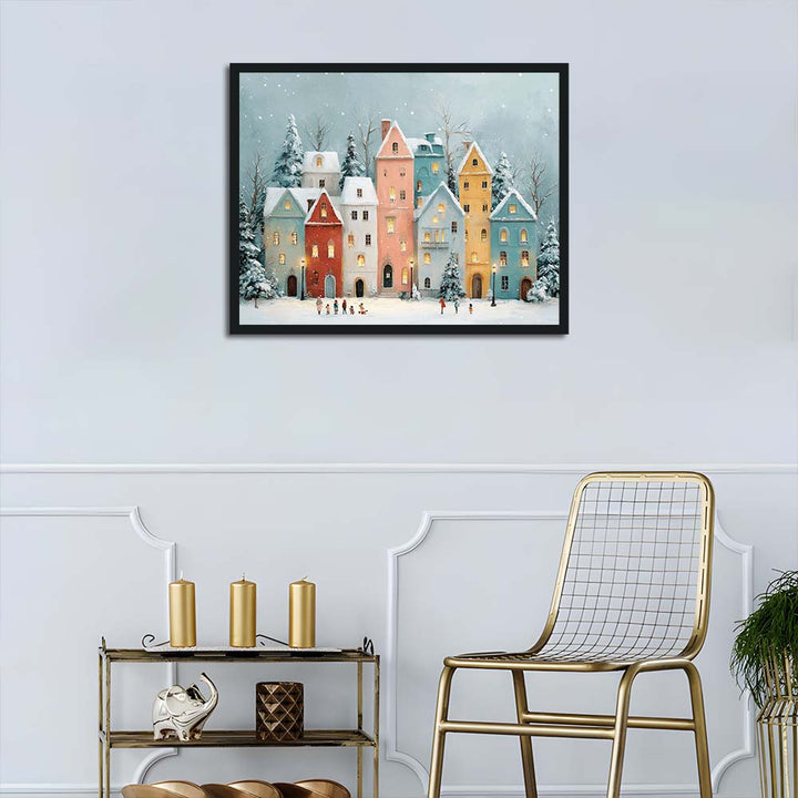 Colorful Buildings Stand in Snow Cross Stitch Kits