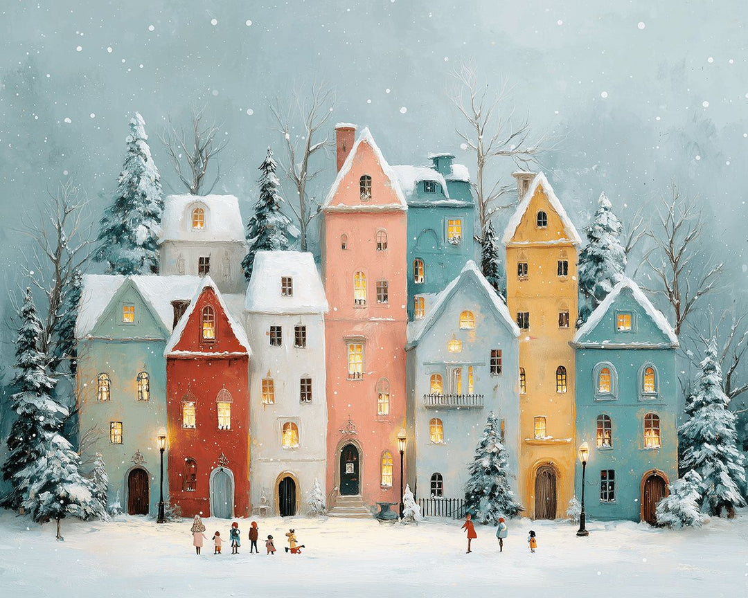 Colorful Buildings Stand in Snow Cross Stitch Kits