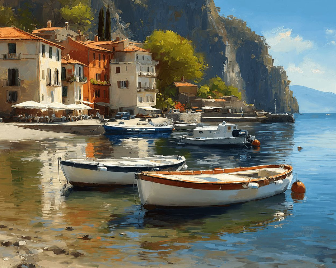 Boats Docked Near Coastal Village Cross Stitch Kits