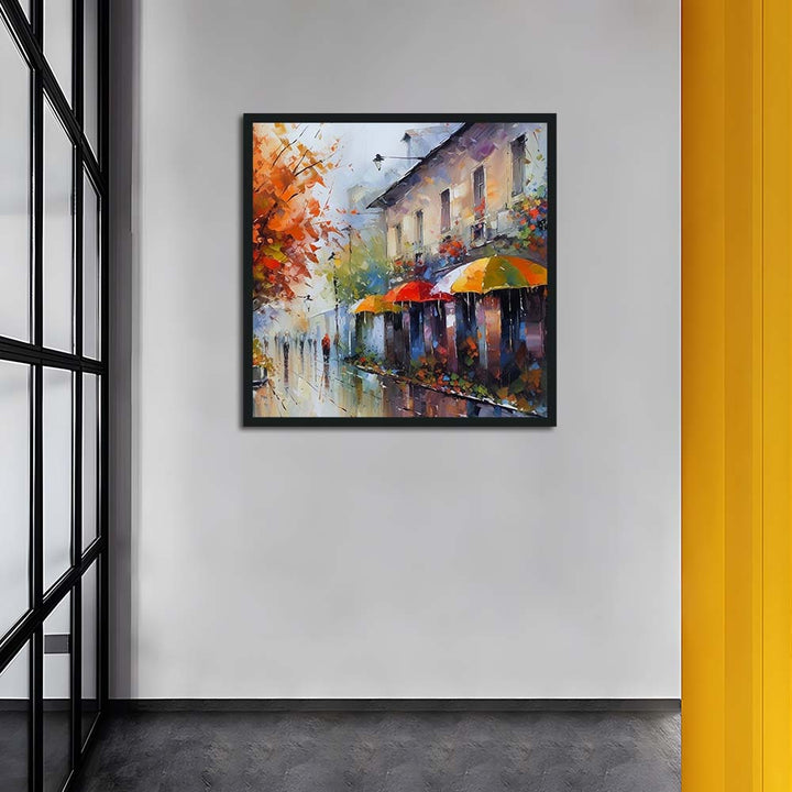 Colorful Umbrellas Line the Wet Street Cross Stitch Kits