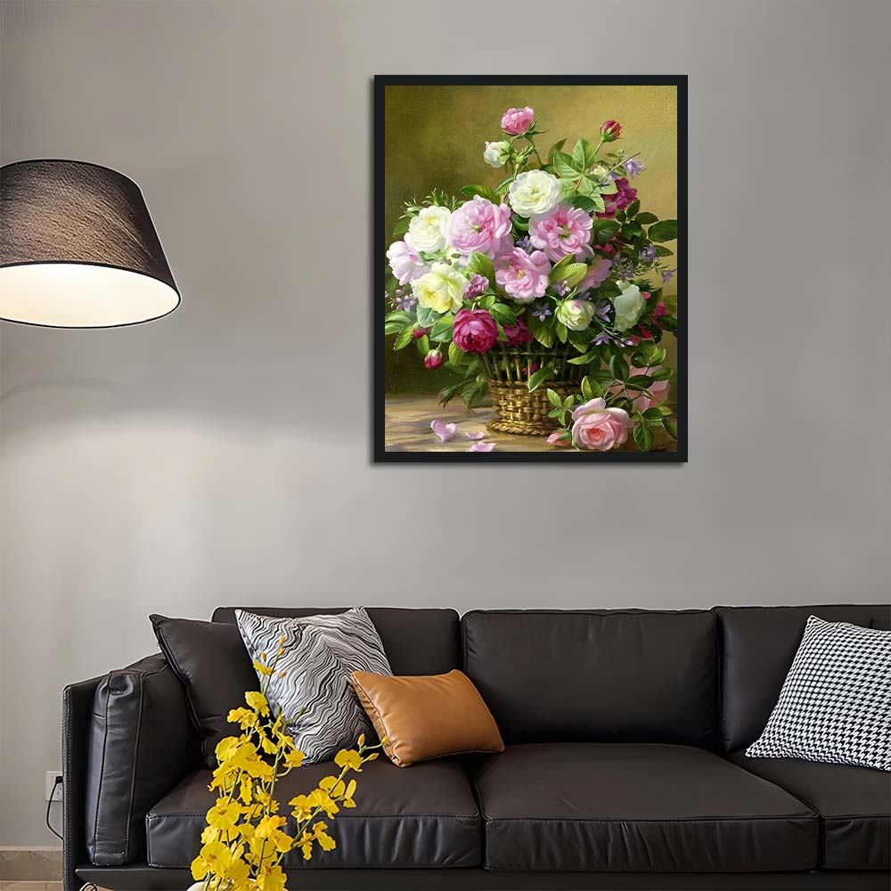 Pink White Roses Fill Wicker Basket Cross Stitch Kits