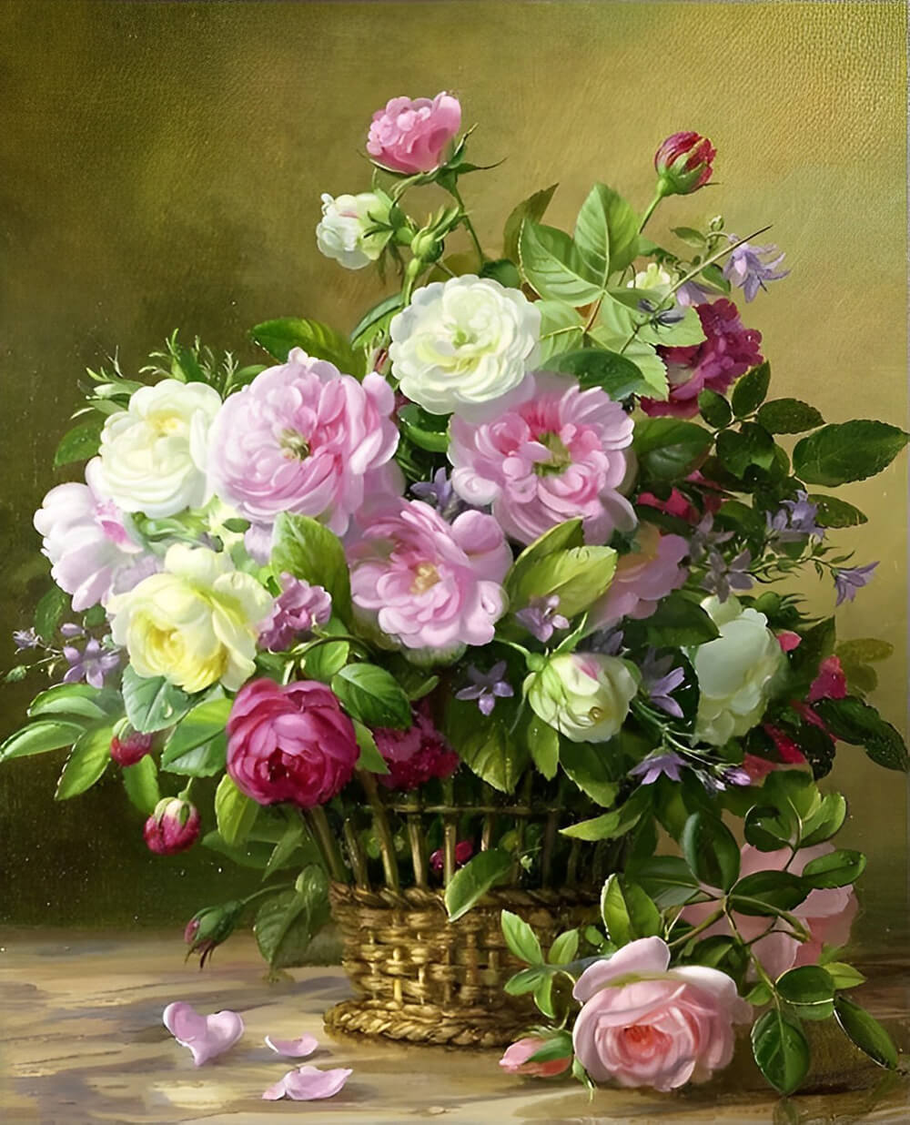 Pink White Roses Fill Wicker Basket Cross Stitch Kits