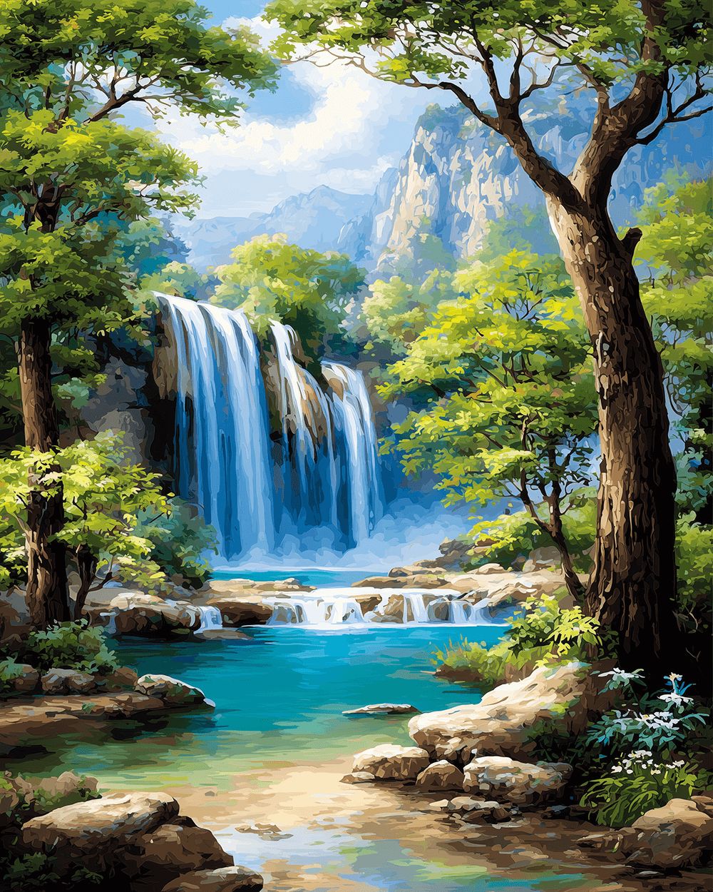 Green Trees Frame Flowing Waterfall Cross Stitch Kits