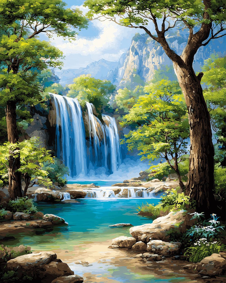 Green Trees Frame Flowing Waterfall Cross Stitch Kits