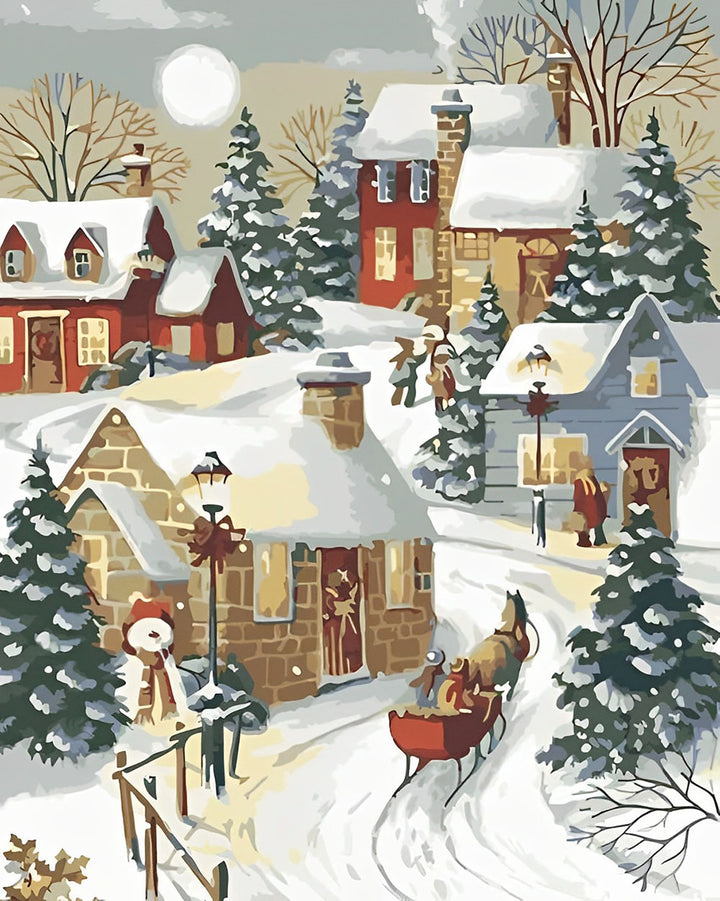 Red Sleigh Travels Past Houses Cross Stitch Kits