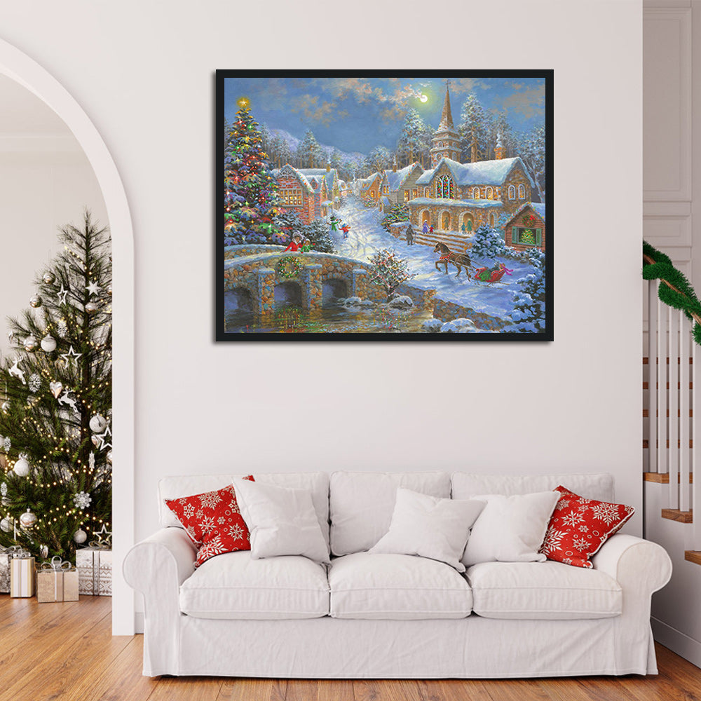 Christmas Tree Glows Beside Church Cross Stitch Kits