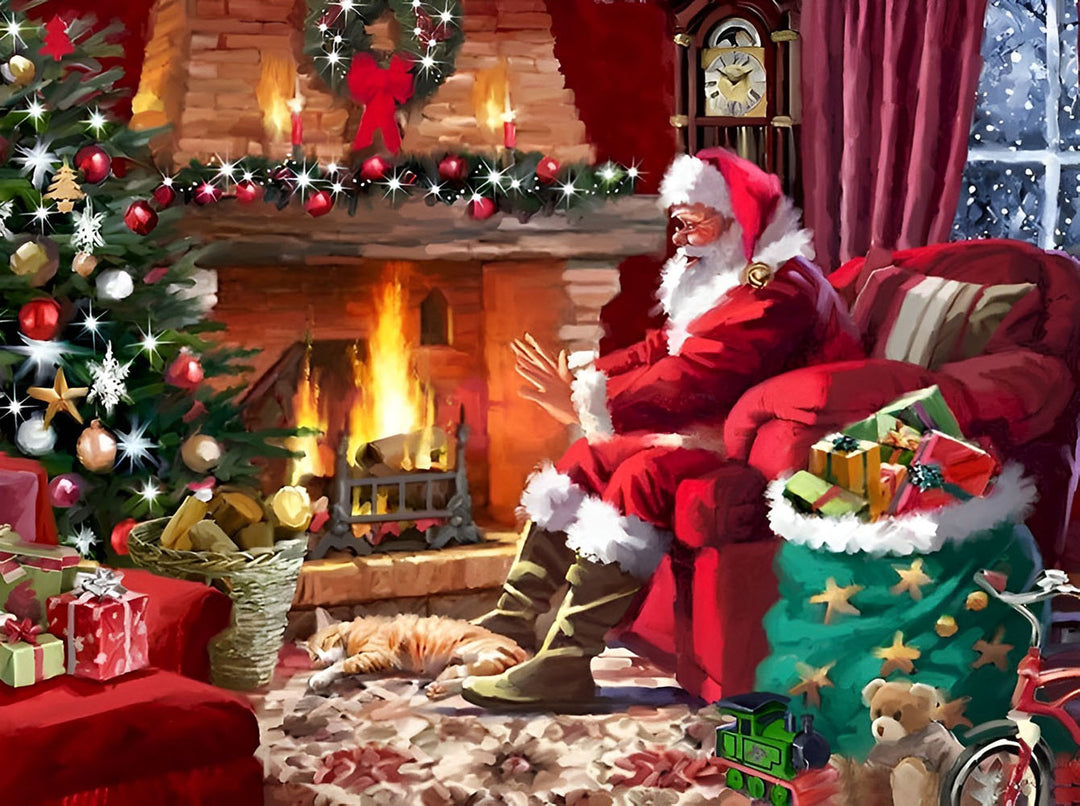 Santa Warms Hands by Fireplace Cross Stitch Kits